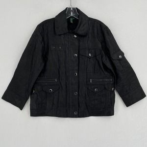 Ralph Lauren Womens Military Jacket Size Large Black 100% Linen Safari Utility